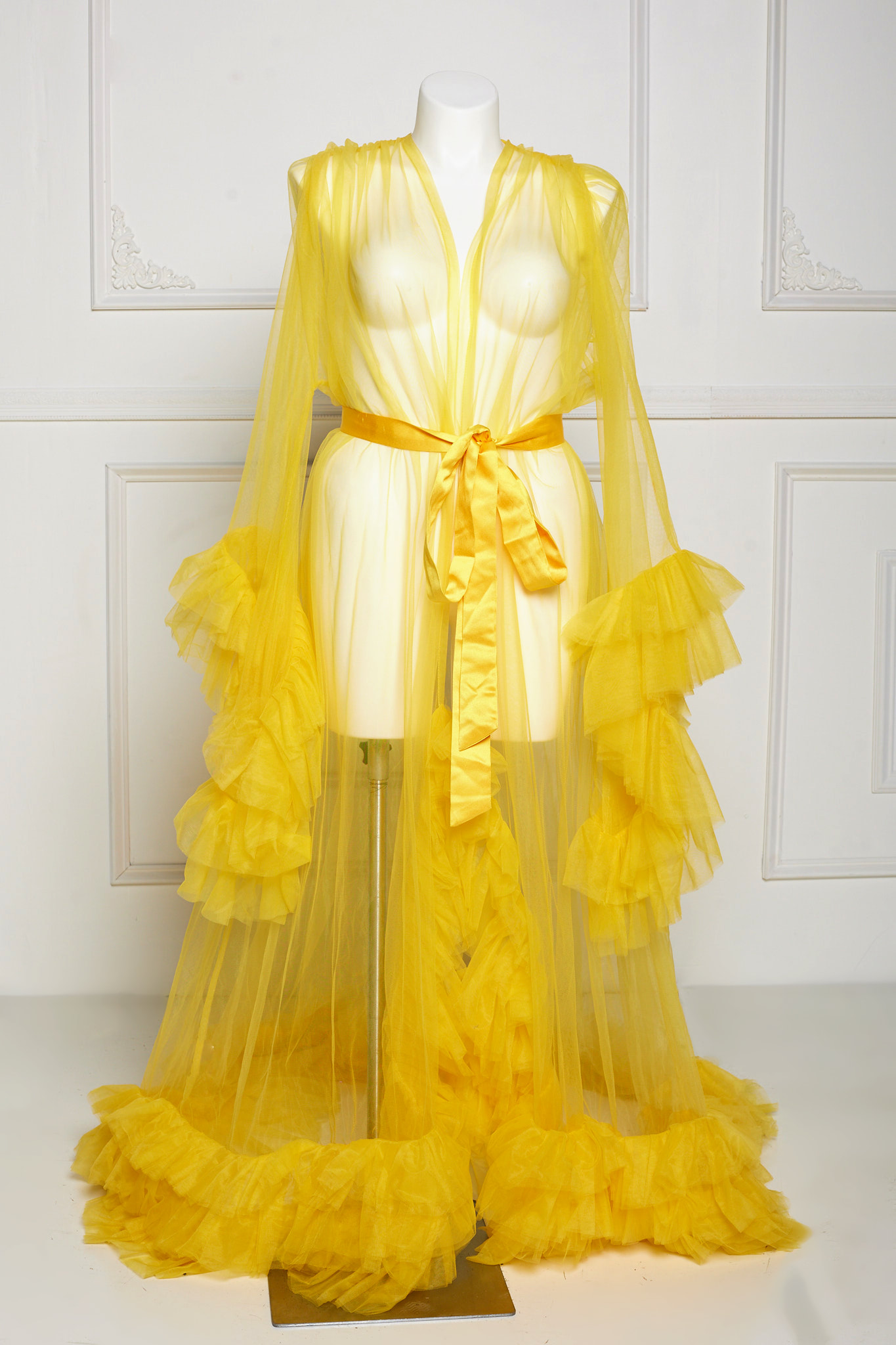 Lady Sheer Mesh Pyjama Gown Tulle Faux Fur Trim Sexy Furry with Belt  Loungewear | eBay